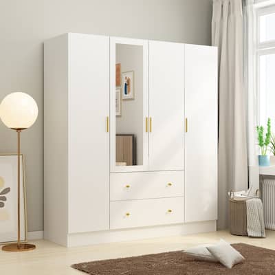 4 Door Wardrobe Large Storage Cabinet Armoire with Mirror and 2 Drawer