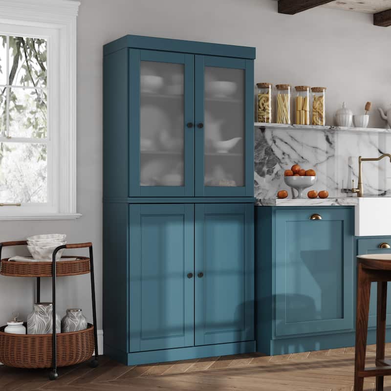 Palace Imports 100% Solid Wood Pantry Cabinet with Frosted, Clear Glass or Solid Doors and Adjustable Shelves - Teal Blue - Frosted Glass-Solid