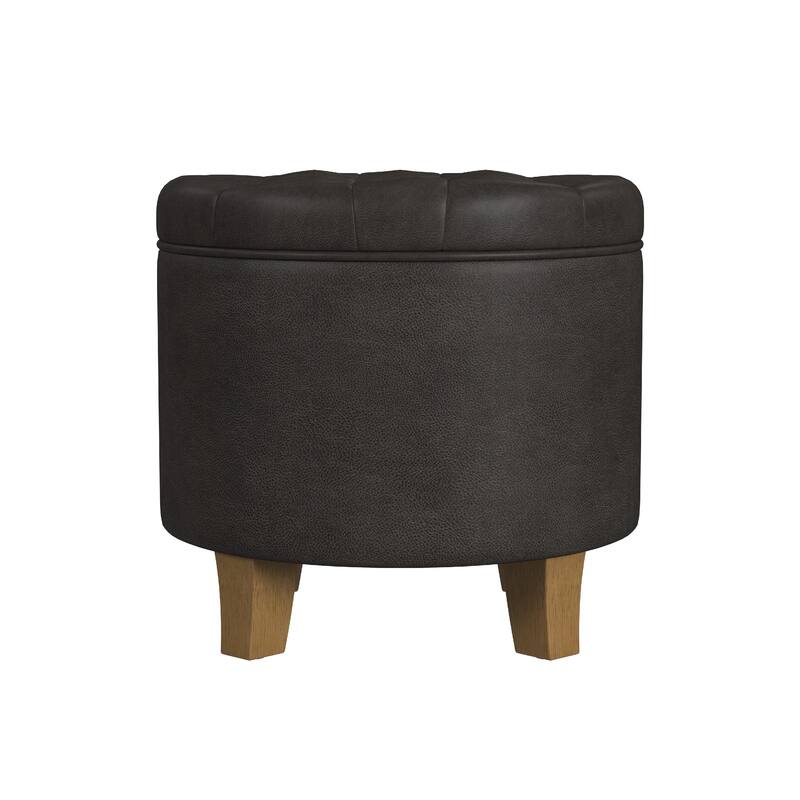 Wes Round Storage Ottoman, Black Faux Leather, Hardwood, 19 Inch