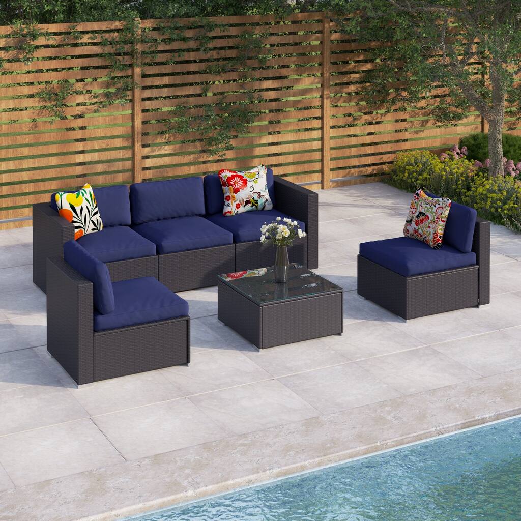 6-Piece Outdoor Cushioned Rattan/Wicker Sectional Conversation Sofa Set