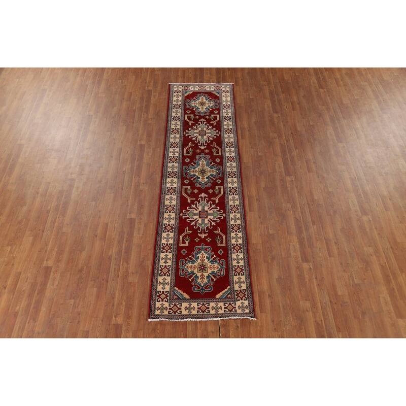 Red Geometric Kazak Runner Rug Handmade Oriental Wool Carpet - 2'9" x 10'1"