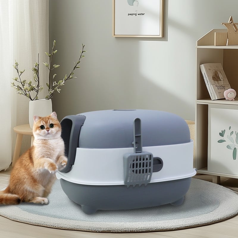 XXL Enclosed Cat Litter Box Oval Front Entry Cat Toilet Tray with Scoop - 13.4x22x15 inch