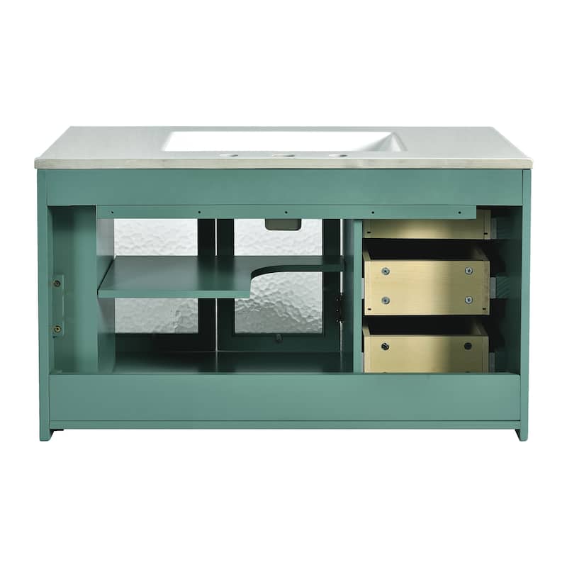 Wall Mounted Bathroom Vanity Floating Storage Cabinet with 3 Drawers, Water Ripples Translucent Glass Doors and Golden Knobs