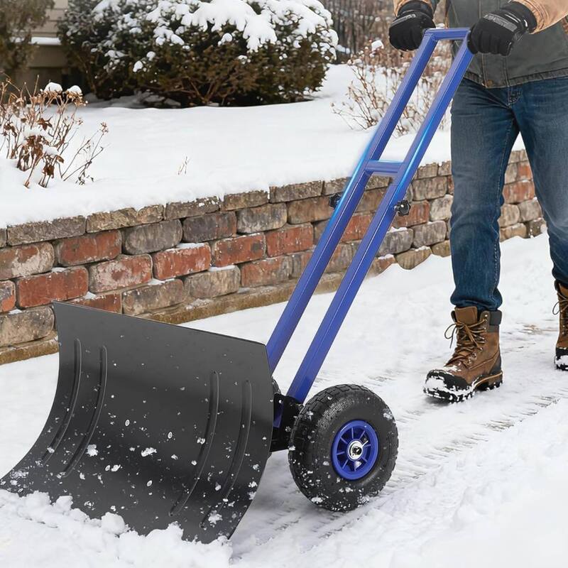 29.13x16.54 in Heavy Duty Rolling Snow Pusher Shovel for Driveway, Doorway, Sidewalk