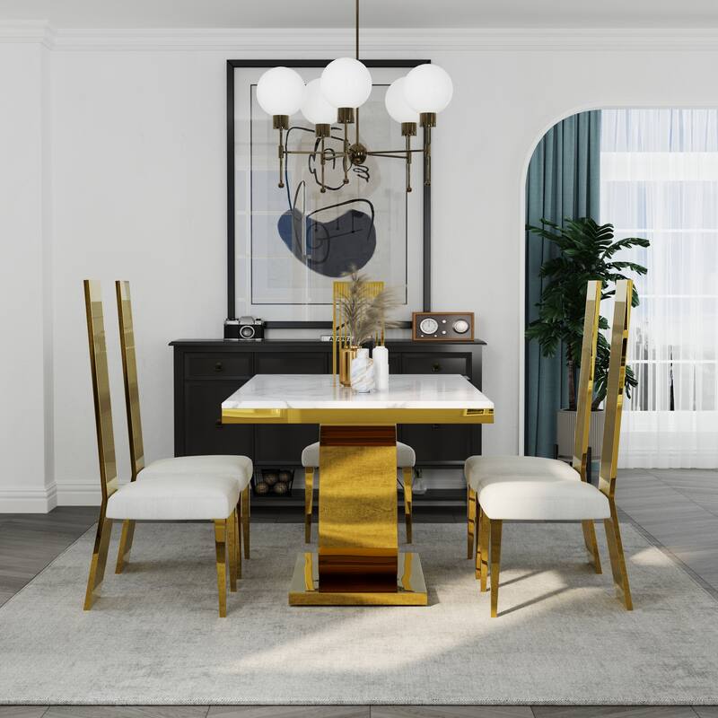 Faux Mable Dining Table Set with White Boucle and High Back Chairs