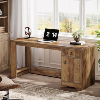 59 Inches Brown Engineered Wood Computer Desk with Drawer, Farmhouse Office Desk with Storage Cabinet for Home Office