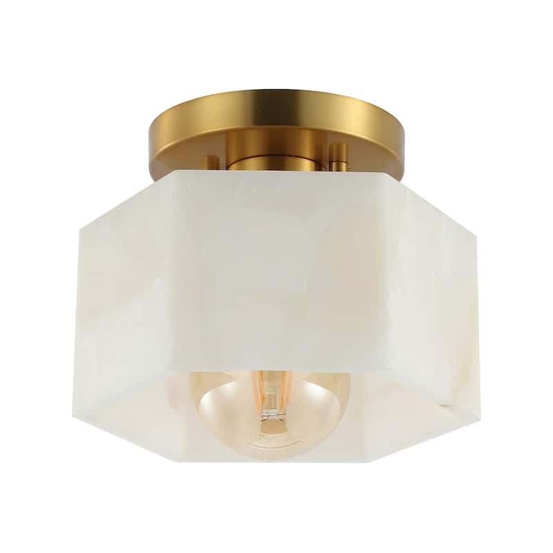 Celine 8" 1-Light Modern Contemporary Alabaster/Iron Hexagonal LED Semi Flush Mount, White Marbling/Brass Gold by JONATHAN Y