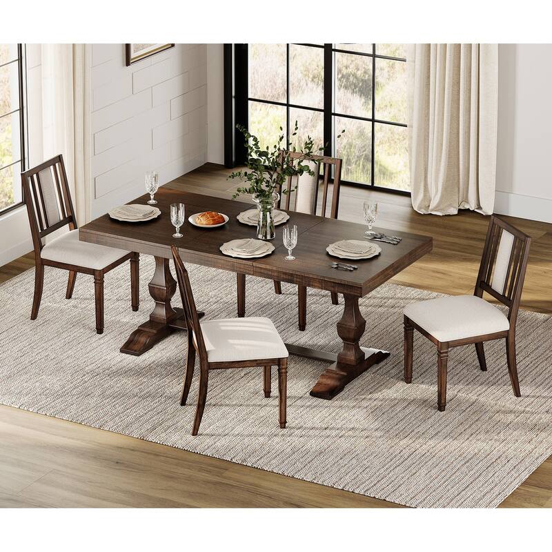 Farmhouse Dining Chair and Bench Set, Solid Wood Upholstered Armless Chair and Dining Bench with Turned Legs - 4 Piece - Brown