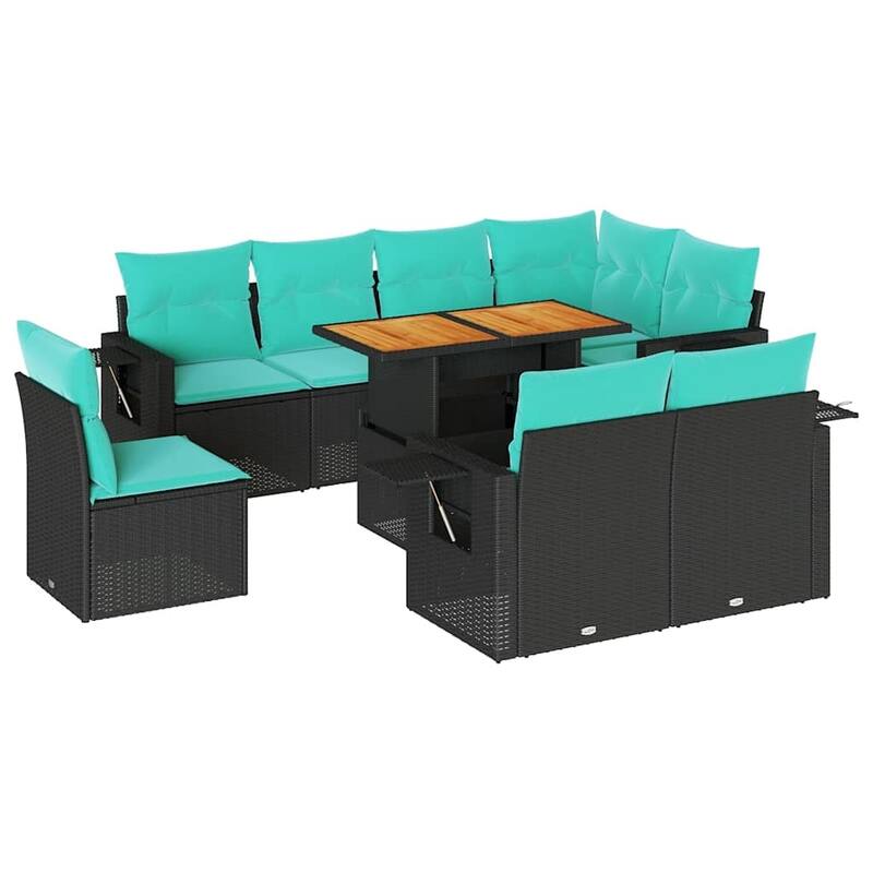 vidaXL 9 Piece Patio Sofa Set with Cushions Black Poly Rattan - 21.7 x 24.4 x 27.2