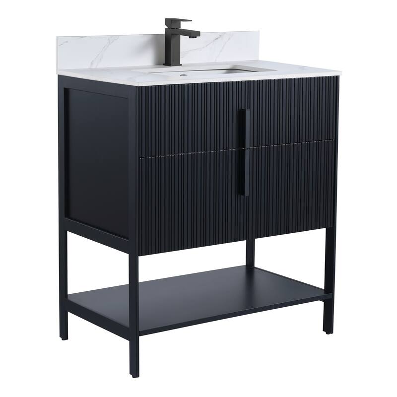 Fine Fixtures Serenity Modern Bathroom Vanity with White Carrara Stone Top - Black Matte - Black Hardware - 30 inch