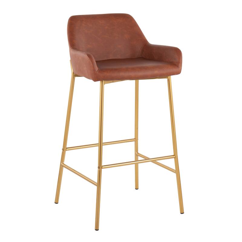 Silver Orchid Galotti Gold Fixed-Height Upholstered Bar Stool - Set of 2 - Counter Height - Gold Metal, Camel PU - Set of 2