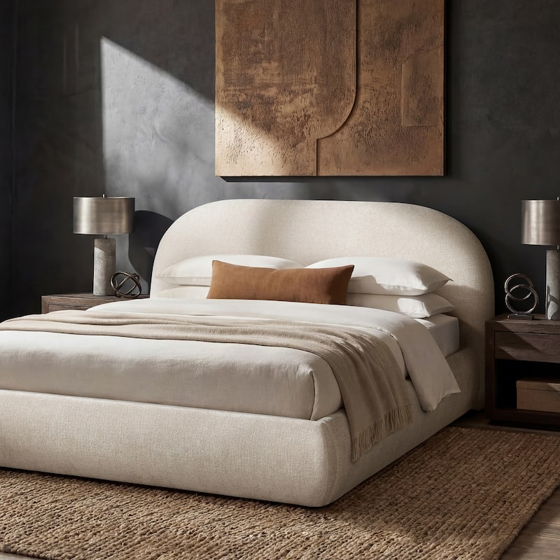 Archie Mid-Century Modern Velvet Upholstered Arched Platform Bed - Oatmeal Light Beige Chenille - Queen