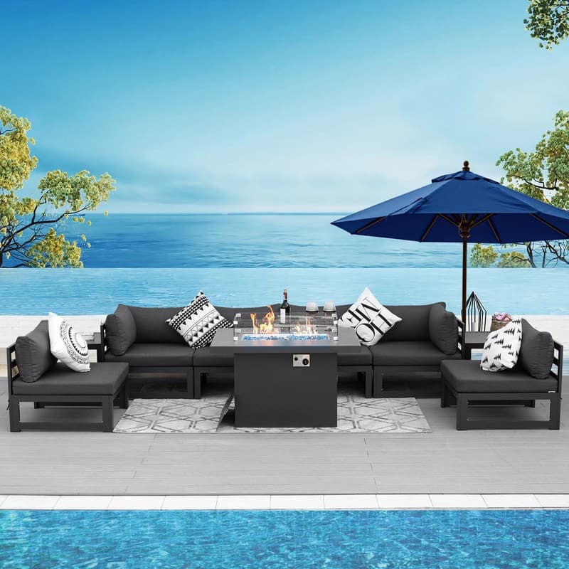 FINCATI Luxury Patio Aluminum Sofa Conversation Furniture Set with Coffee Table - 9 Pieces-A - Grey