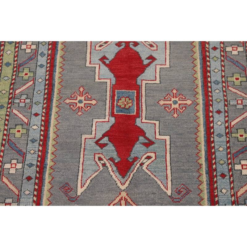 Gray Geometric Kazak Oriental Accent Rug Hand-Knotted Wool Carpet - 3'4"x 5'0"