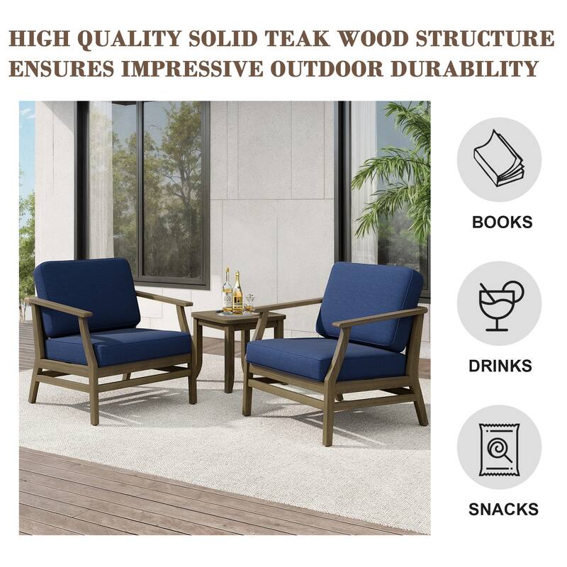 Teak Outdoor Bistro Set with Weather-Resistant Cushions (3-Piece Set)