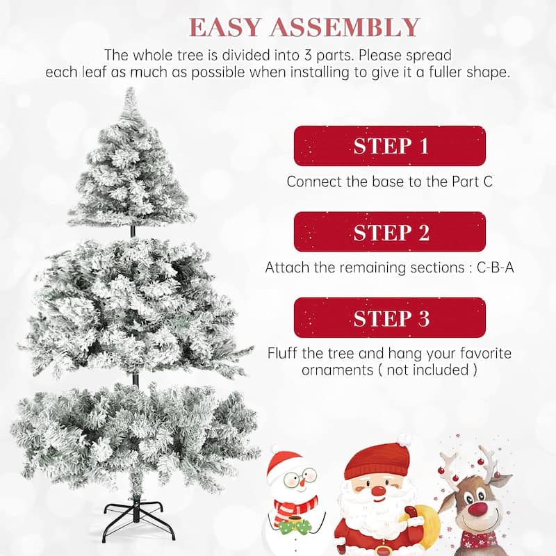 6ft-7ft Artificial Snow Flocked Christmas Tree with Metal Stable Stand Base for Indoor and Outdoor Holiday Decoration