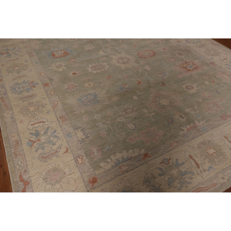 Green Floral Oushak Vegetable Dye Area Rug Handmade Wool Carpet - 8'2" x 9'9"