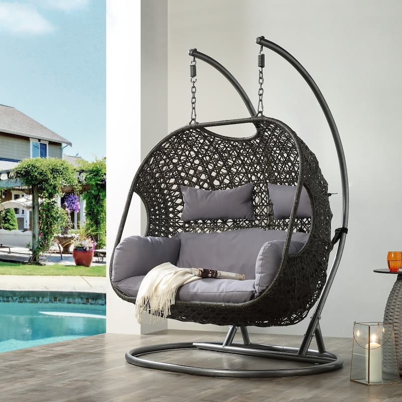 Outdoor Wicker Egg Double Swing Chair Hanging Basket with Steel Stand - Grey