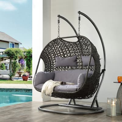 Outdoor Wicker Egg Double Swing Chair Hanging Basket with Steel Stand