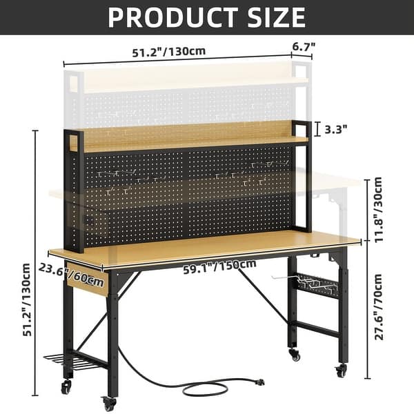 Moasis Multifunctional Workbench 59x23" with Pegboard Worktable and Power Outlets