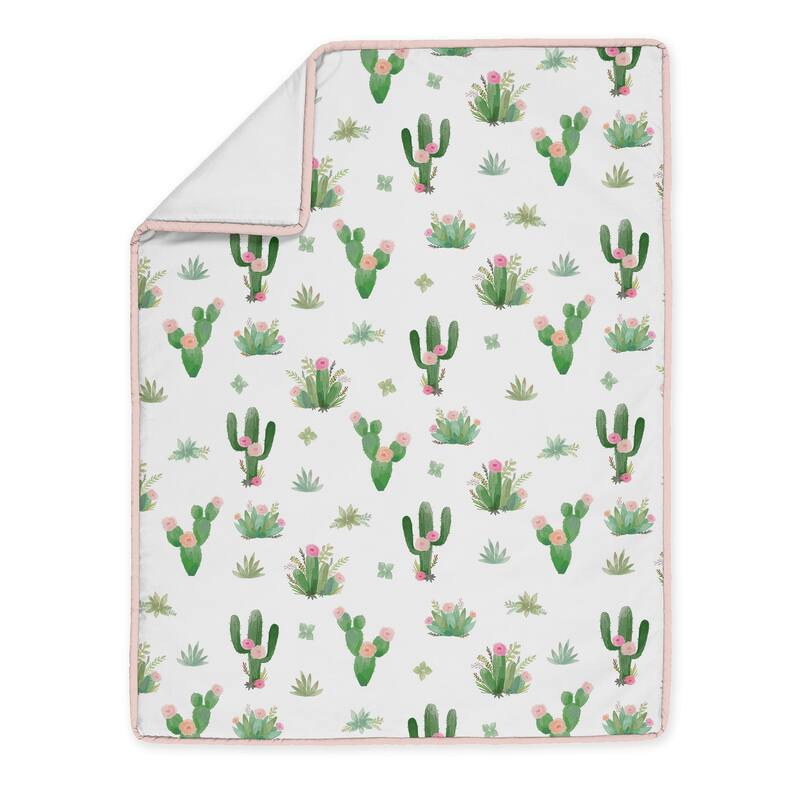 Sweet Jojo Designs Pink and Green Boho Watercolor Cactus Floral Collection Girl 4-piece Bumperless Crib Bedding Set
