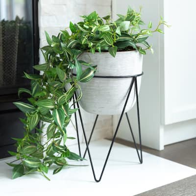 Mid-Century Cement Planter with Black Metal Stand