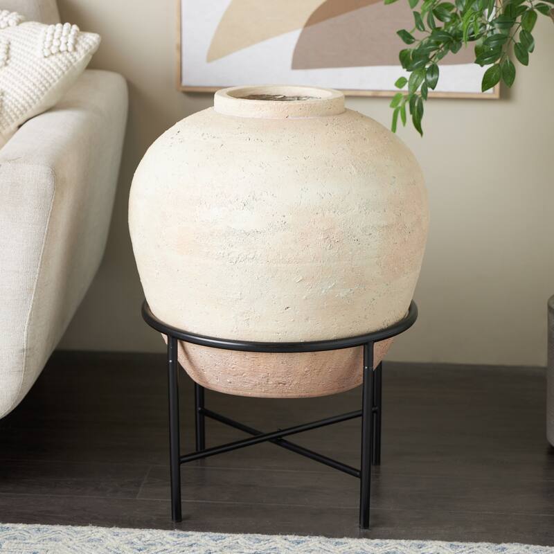 Magnesium Oxide Wide Vase with Black Metal Stand - Beige - Roche River Decor
