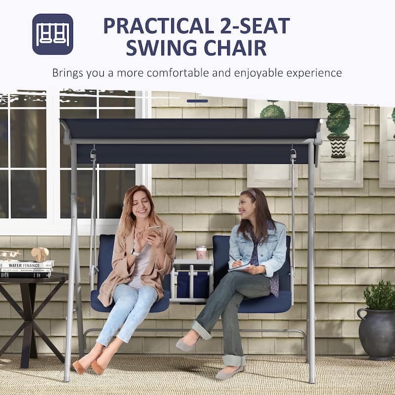 Outsunny 2 Person Porch Swing with Stand, Outdoor Swing with Canopy, Pivot Storage Table, 2 Cup Holders, Cushions for Patio,