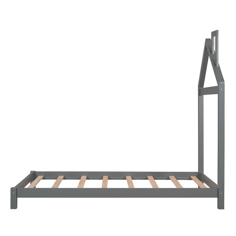 Wood Platform Bed with House-Shaped Headboard