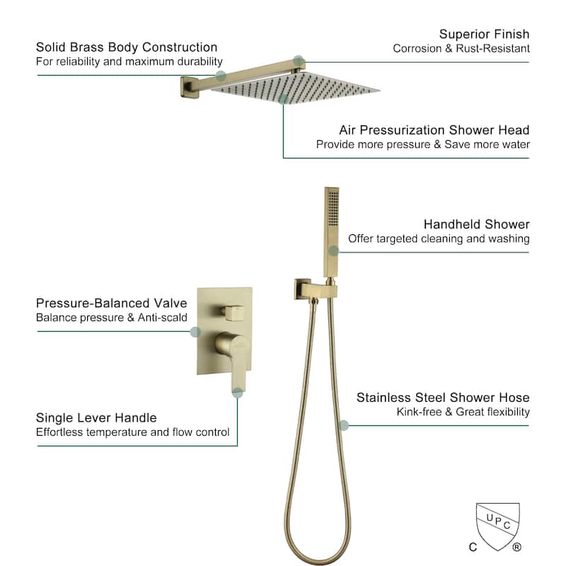 2.5 GPM 12 in. Wall Mount Dual Shower Heads with Pressure Balance Valve