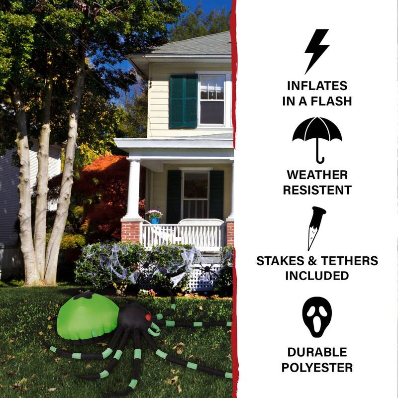 Haunted Hill Farm 6.5-Ft. Inflatable Pre-Lit Black and Green Spider