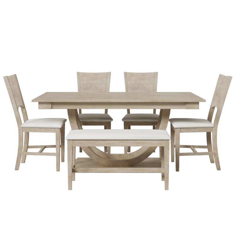 Modern 6-Piece Wood Half Round Dining Table Set Kitchen Table Set with Long Bench and 4 Dining Chairs