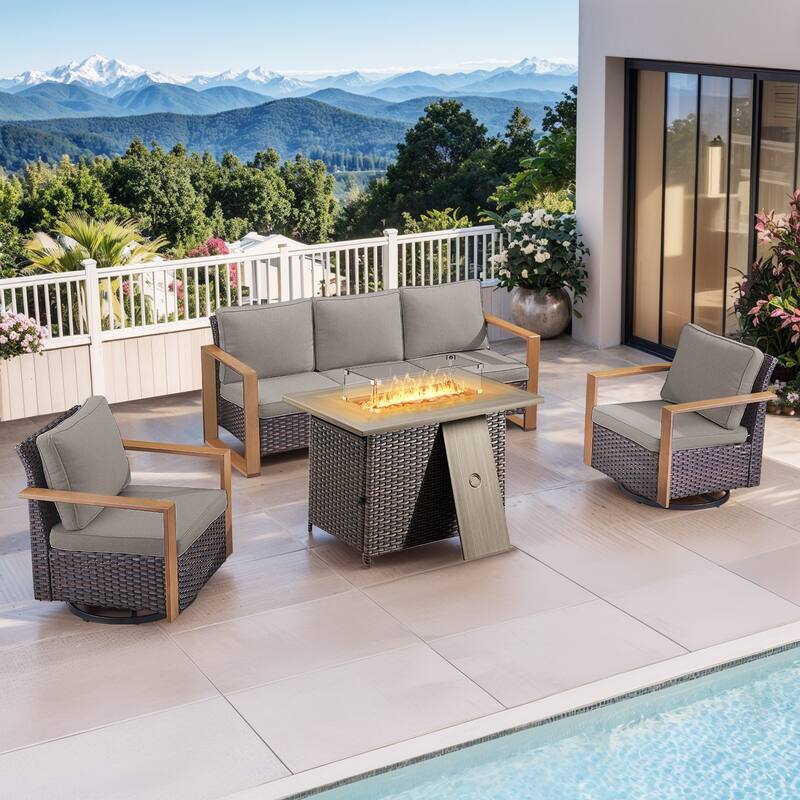 Pocassy Outdoor Wicker Sofa Swivel Chair with Fire Table Set - Brown Wicker Gray Cushion - 4-Piece Sofa Swivel Chair with Fire Table