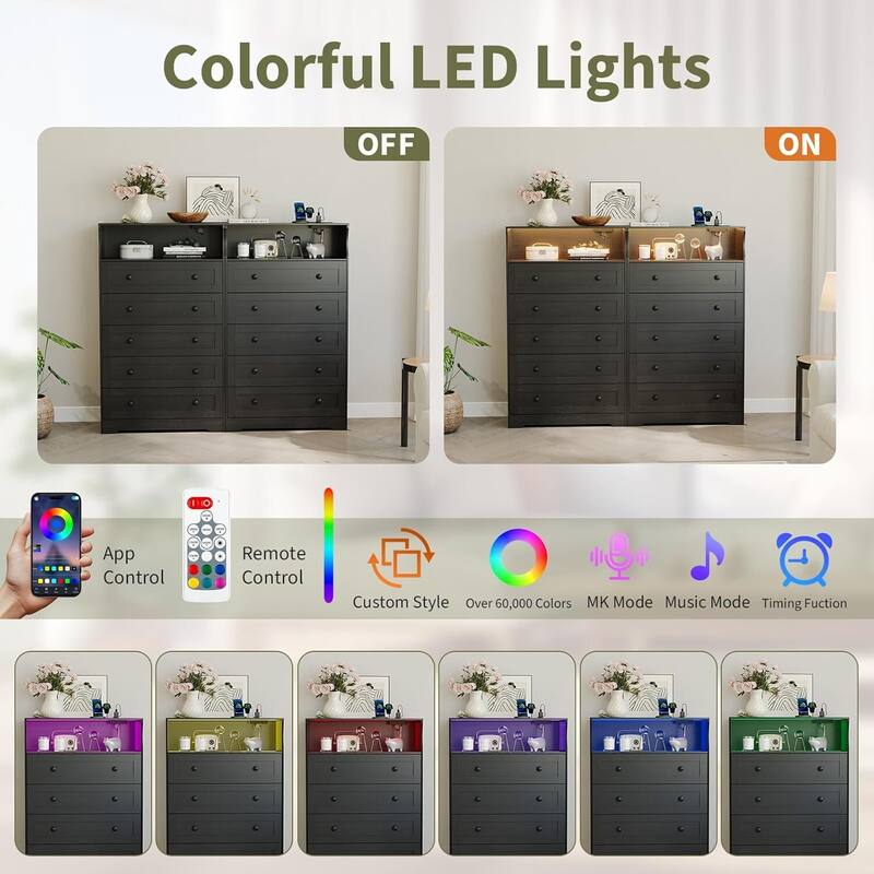 5 Drawer Dresser for Bedroom with Charging Station & LED Lights