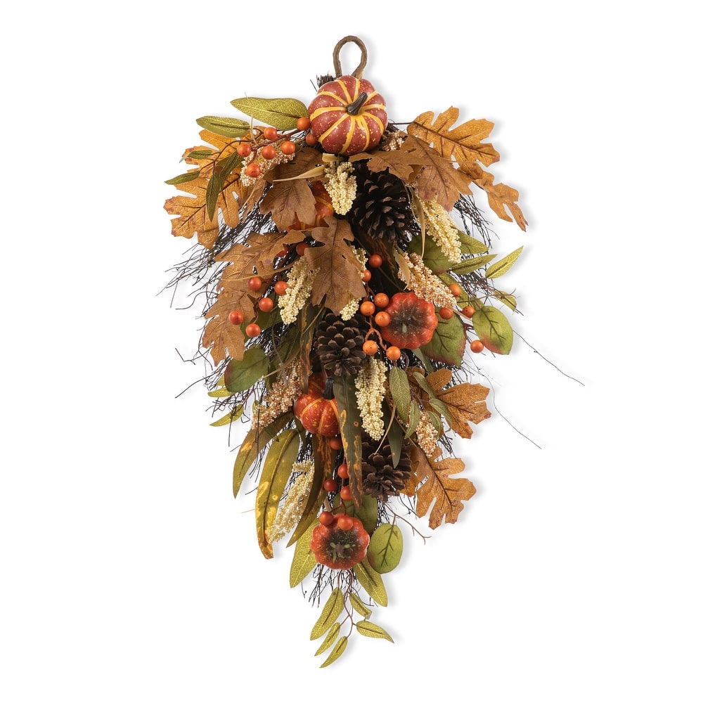 Glitzhome 26"H Fall Sunflower Pumpkin Lotus Leaf Teardrop Swag Wreath Thanksgiving