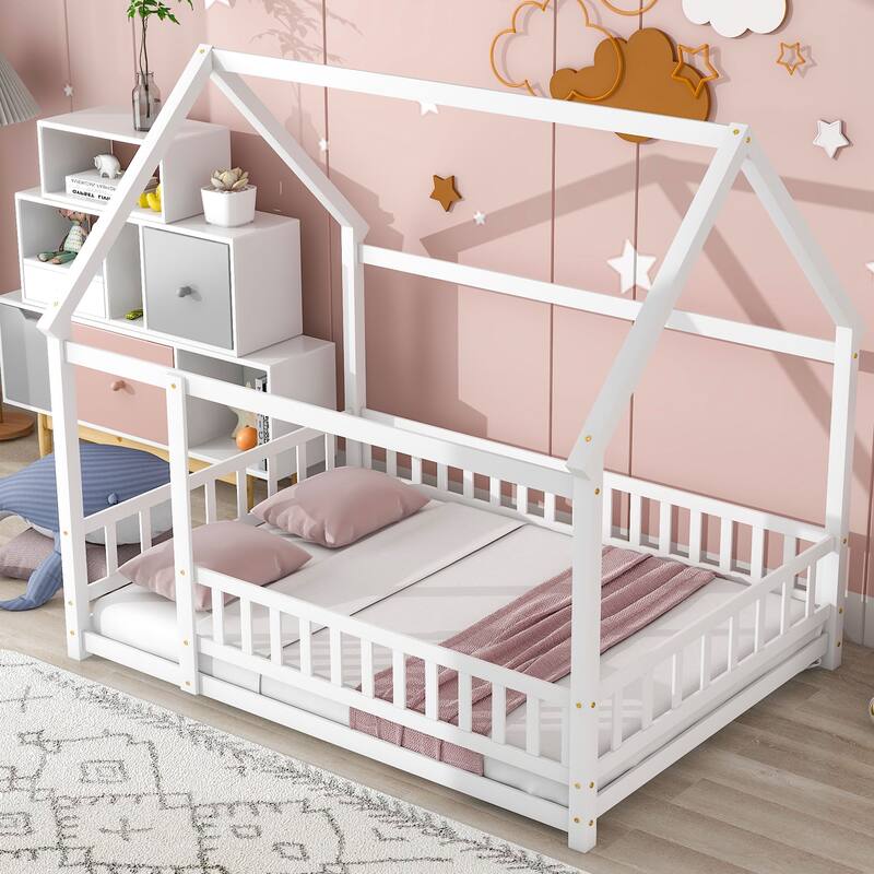 Twin/Full House Floor Bed for Kids, Wooden Montessori Bed Frame with Roof and Safety Guardrail for Boys or Girls, Twin/Full Size