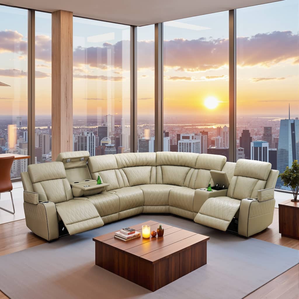 3-Piece Beige Breathing Leather Living Room Recliner Sofa set