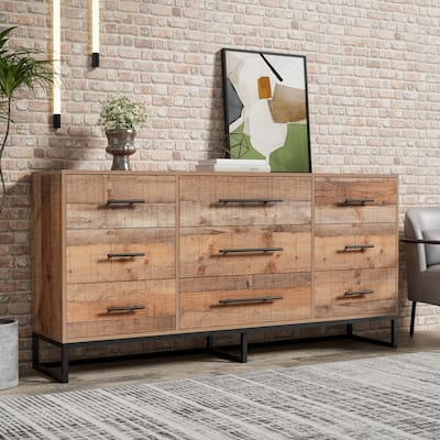 Vintage 9-Drawer Dresser 63" Wide Wood Rustic Chest of Drawers
