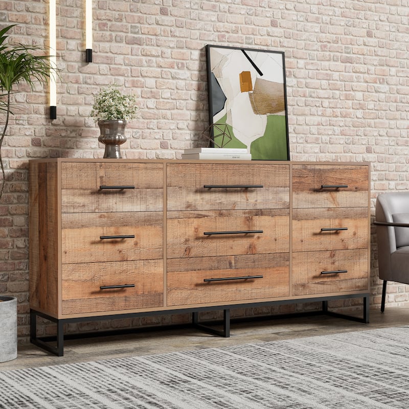 Vintage 9-Drawer Dresser 63" Wide Wood Rustic Chest of Drawers - Brown