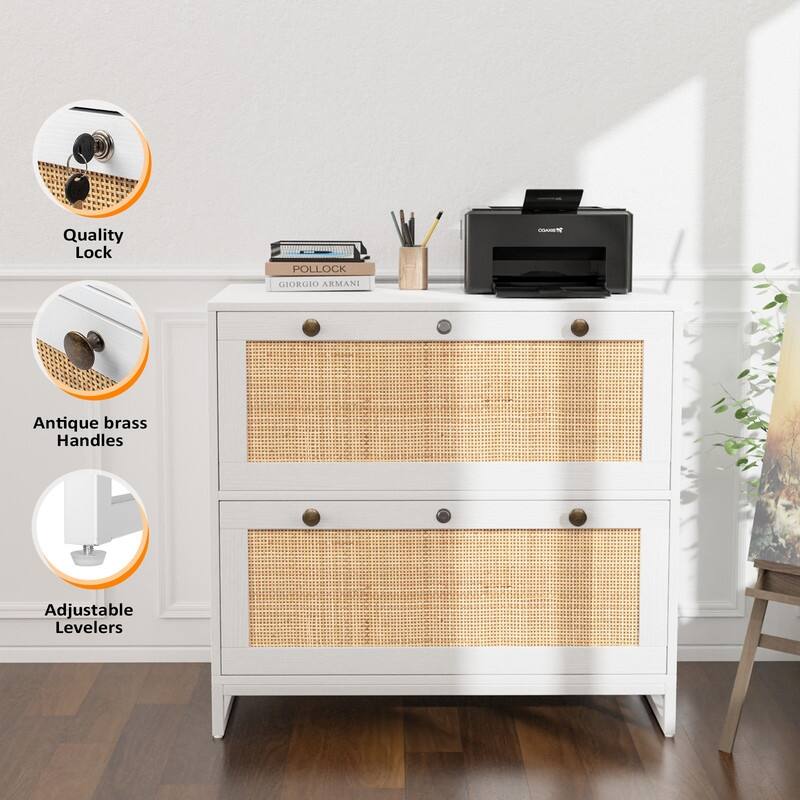 File Cabinet Lateral 2-Drawer Wood Rattan with Lock for Home Office - White - Legal