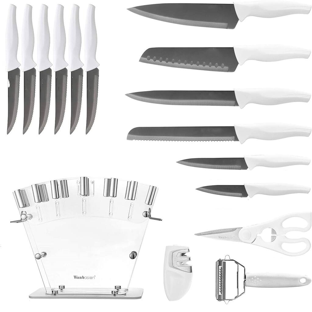 16 Pieces Kitchen Knife Set Dishwasher Safe, Kitchen Knife Set Stainless Steel with Knife Sharpener Peeler Scissors Acrylic