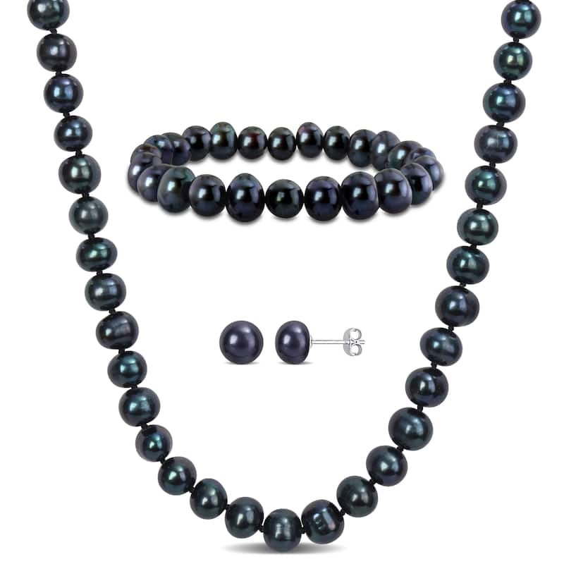 Miadora 3 Pc Set Of 7.5-8mm Black FW Cultured Pearl 18" Necklace, Stretch Bracelet & Silver FW Pearl Earrings