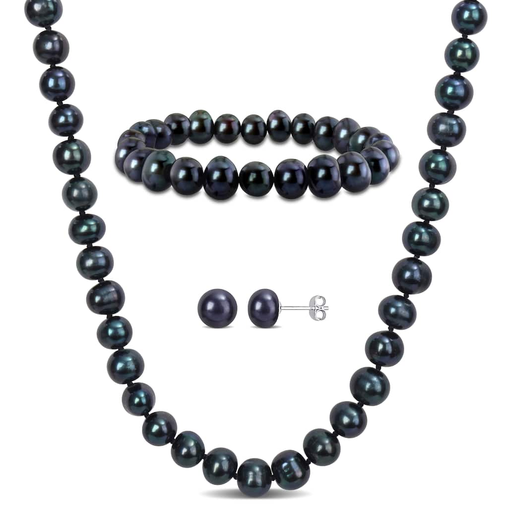 Miadora 3 Pc Set Of 7.5-8mm Black FW Cultured Pearl 18" Necklace, Stretch Bracelet & Silver FW Pearl Earrings