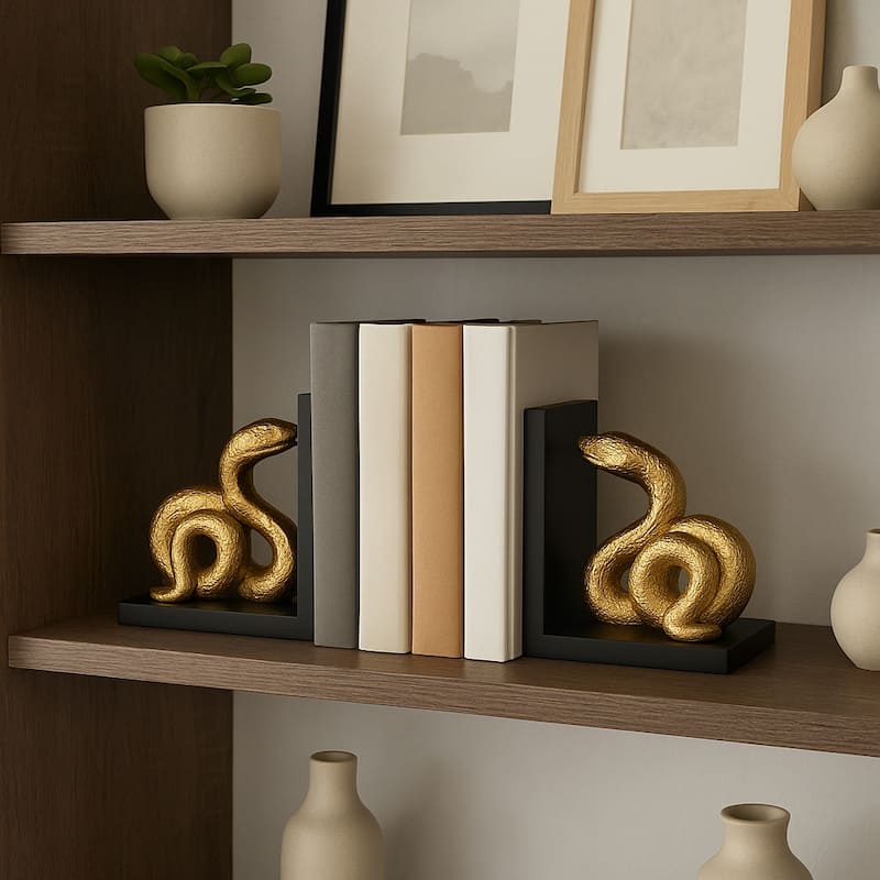 Modern Resin Snake Bookends on L-Shape Base - 6", Black & Gold - 5.75" - Black/ Black - 5.75"