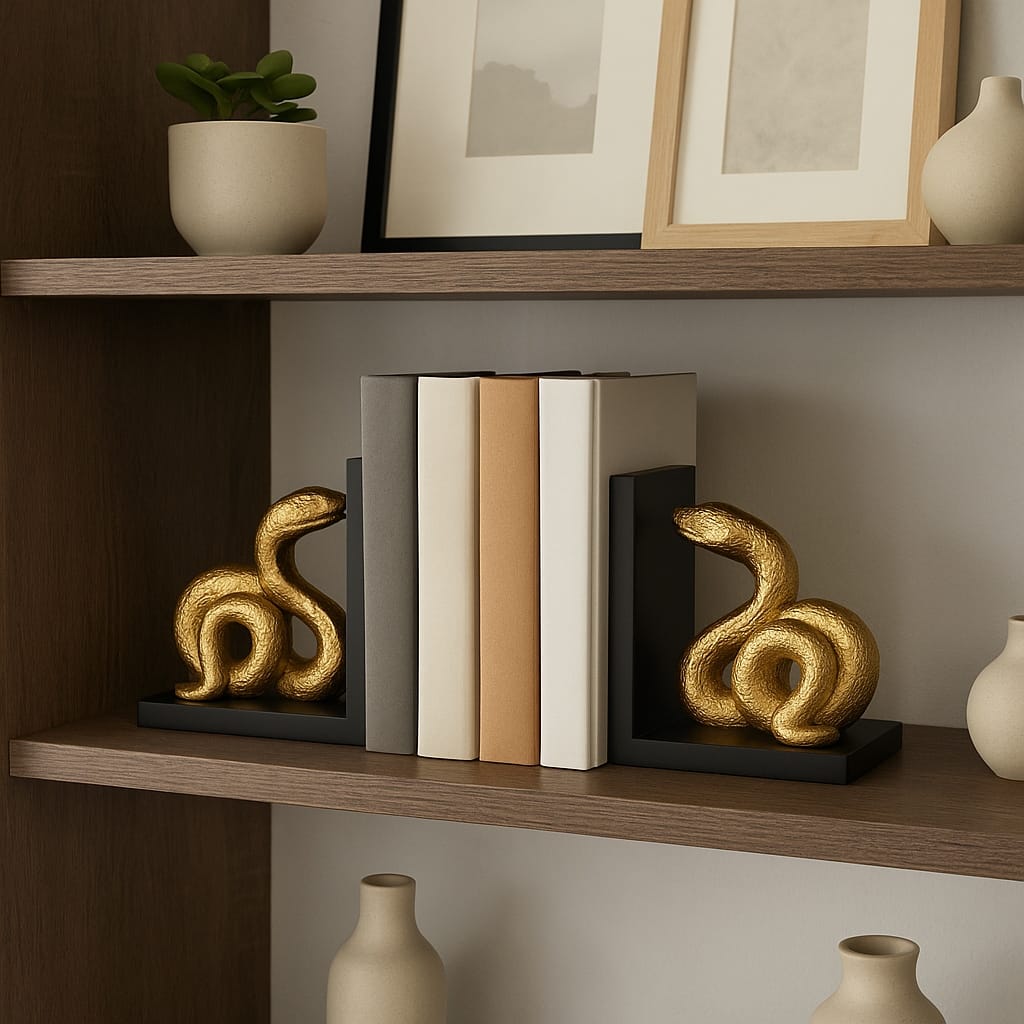 Modern Resin Snake Bookends on L-Shape Base - 6", Black & Gold - 5.75"