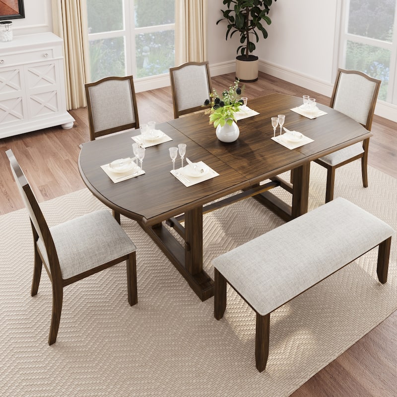 Classic 6-Piece Extendable Dining Table Set Includes 4 Dining Chairs and Bench for Family Gatherings - Brown