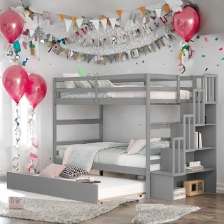 Modern & Clean Design Twin over Twin Bunk Beds With Twin Trundle and Stairway Storage Function
