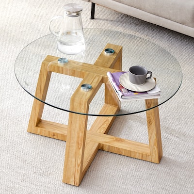 Roomfitters Round Glass Coffee Table with Tempered Top and MDF Legs, Compact Tea Table for Living Room or Bedroom, Natural