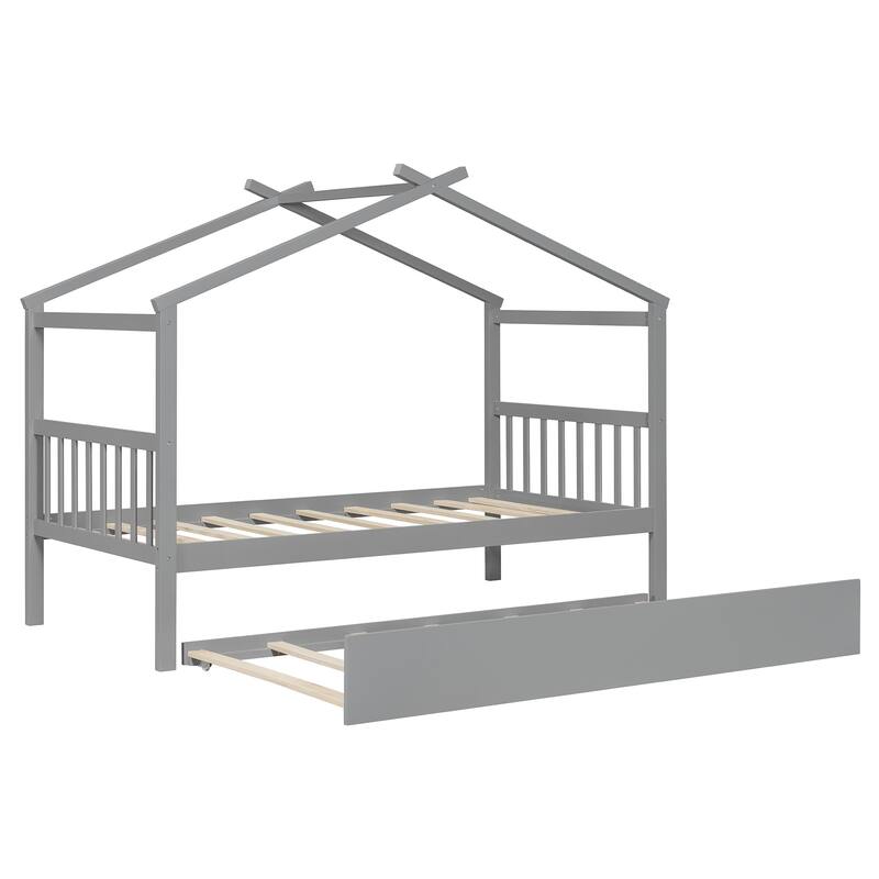 Twin Size Wooden House Bed with Pull-Out Trundle, Multiple Color Options
