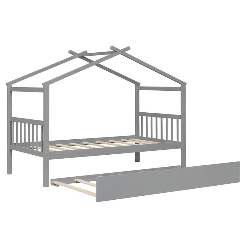 Twin Size Wooden House-Shaped Bed With Twin Size Trundle